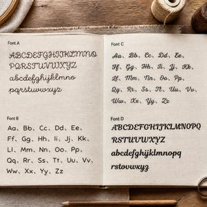 May include: An open book displaying four distinct alphabet font styles labeled Font A, Font B, Font C, and Font D. Each section presents uppercase and lowercase letters in black ink on cream-colored pages, showcasing various cursive and print typefaces.