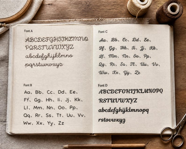May include: An open book displaying four distinct alphabet font styles labeled Font A, Font B, Font C, and Font D. Each section presents uppercase and lowercase letters in black ink on cream-colored pages, showcasing various cursive and print typefaces.
