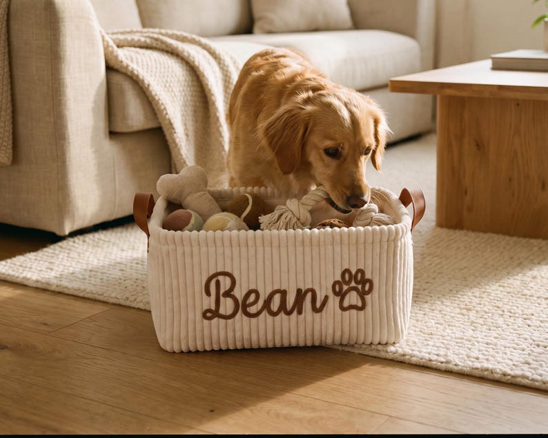 May include: A rectangular off-white corduroy storage basket with brown leather handles. The front features the embroidered name Bean in brown script lettering next to a brown paw print icon. The basket is filled with various dog toys.