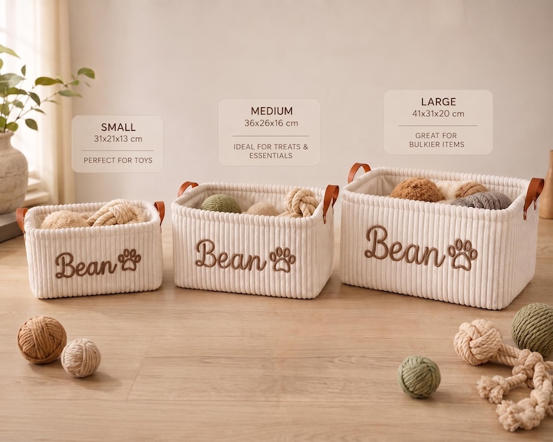 May include: Three rectangular off-white corduroy storage baskets with brown leather handles. Each basket features the embroidered name Bean and a paw print. Sizes are labeled as small 31x21x13 cm, medium 36x26x16 cm, and large 41x31x20 cm.