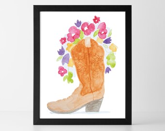 Printable Cowboy Boot Flower Bouquet Watercolor Wall Art, Western Boot and Flowers Digital Print Downloadable