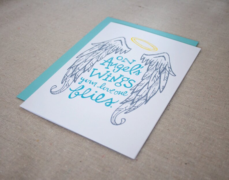 SYMPATHY CARD \u2013 On Angel/'s Wings Card \u2013 HEAVEN Angel Loss Sympathy Funeral Greeting Card