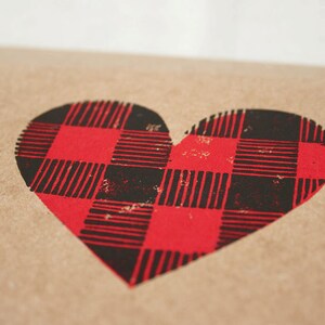 JUST BECAUSE CARD I Love You Card Buffalo Plaid, Plaid Heart, Linocut Stamp Greeting Card image 4