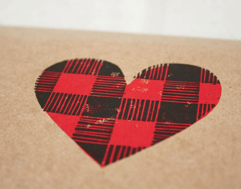 JUST BECAUSE CARD I Love You Card Buffalo Plaid, Plaid Heart, Linocut Stamp Greeting Card image 4