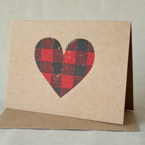 JUST BECAUSE CARD I Love You Card Buffalo Plaid, Plaid Heart, Linocut Stamp Greeting Card image 2