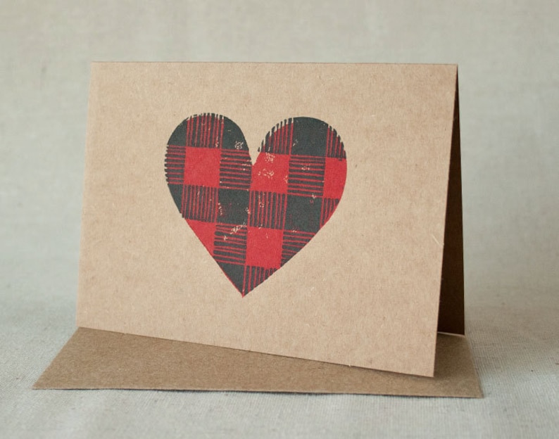 JUST BECAUSE CARD I Love You Card Buffalo Plaid, Plaid Heart, Linocut Stamp Greeting Card image 2