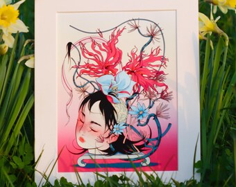 Surreal Girl Portrait Art Print, Botanical Illustration, Vibrant Decorative Wall Art, Giclée