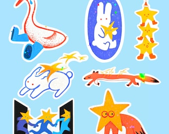 Holographic Vinyl Sticker | Goose, Fox, Rabbit & Star Illustration | Laptop and Water Bottle Sticker