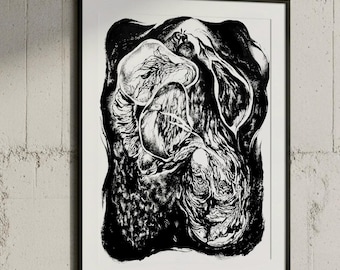 Dark Surreal Art Print, Black and White Emotional Illustration, Abstract Wall Decor Poster