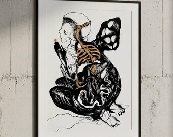 Dark Gothic Art Print, Skull Illustration, Black and White Wall Decor