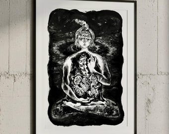 Meditation Art Print, Black and White Spiritual Illustration, Gothic Wall Art, Dark Academia Decor