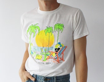 80s Graphic Tee, Kitsch Cartoon Beach Scene