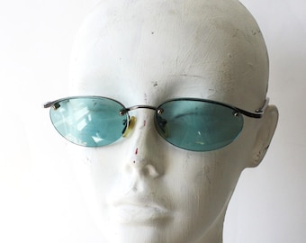 90s Vintage Kenneth Cole Sunglasses, Blue Oval Lens, Silver Frame