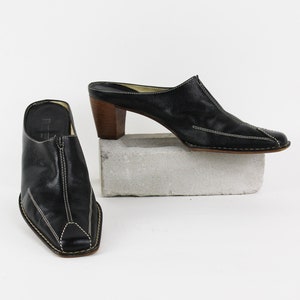 Black Leather Mules with Contrast Stitching Italian made 8.5 US Slides Heeled Shoes