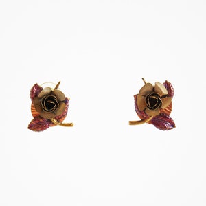 Vintage Gold Tone Rose Earrings with purple metallic finish leaves Push Back Small Earrings jewelry accessories Romantic VTG