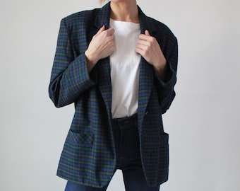 80s Plaid Blazer Blue Green and Red Boxy Boyfriend Jacket Tailored Suit Jacket Suiting Vintage VTG