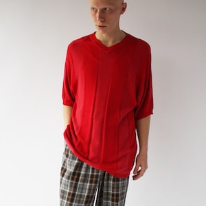 80s Red Sporty V neck Short Sleeve Sweater Lightweight Rayon Cotton Ribbed Vintage 1980s Mens