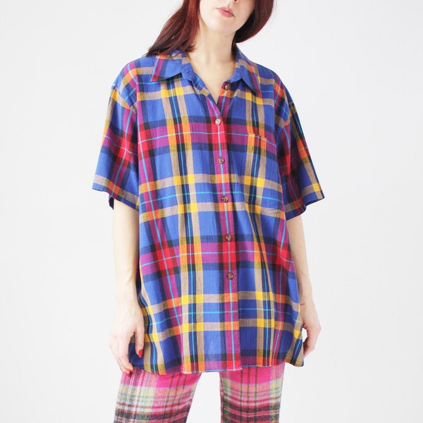 80s Plaid Boxy button Up shirt Blue red yellow large plaid streetwear vintage style classics 100% cotton