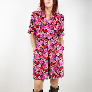 80s Floral Jumpsuit with Shawl Collar Pink Orange Green and Black