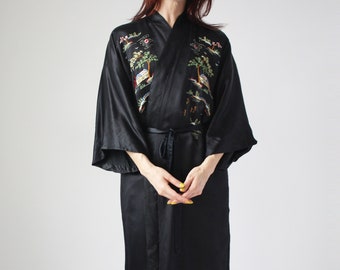Black Silk Chinese Robe with Hand Embroidery Scenic Design Double lined Silk Trees and Houses Blossoms