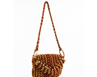 70s Macrame Bag with Beads Mustard Yellow and Roan Red Handmade Artisanal