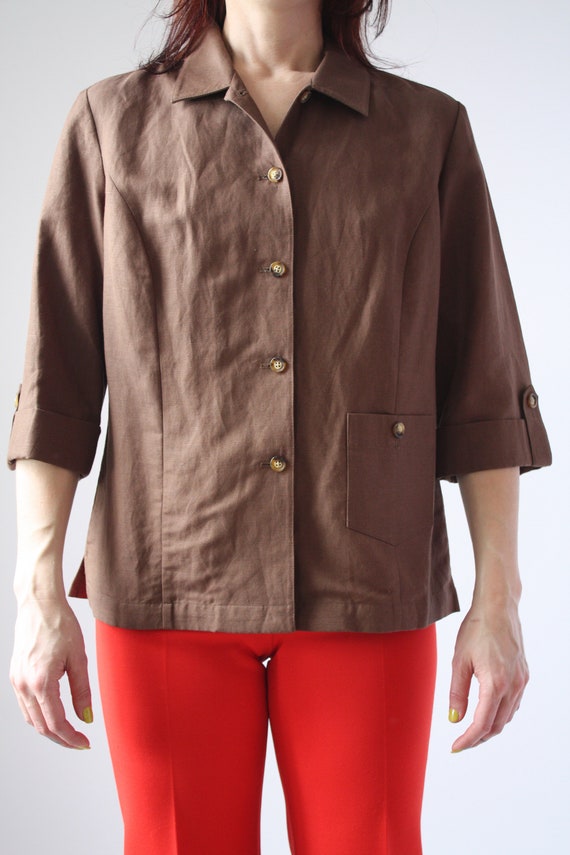 90s Brown Linen Blouse with SIngle Patch Pocket a… - image 3