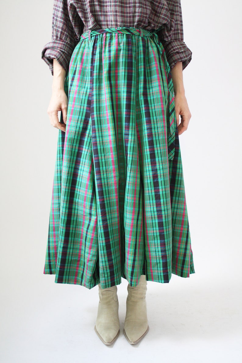 90s Green Plaid Bubble Skirt Cotton Vintage VTG summer Vibrant Pattern