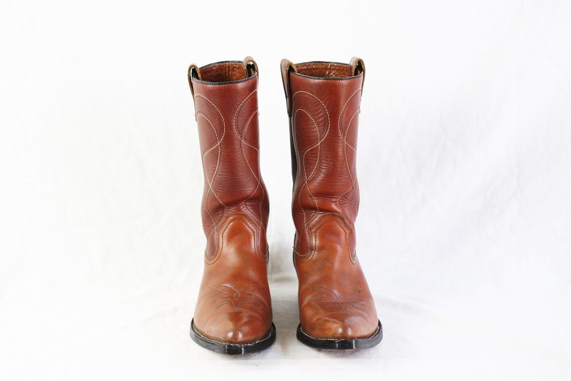 Vintage Mens Brown Leather Cowboy Boots Two Tonal Stitching, foto 2 di 5