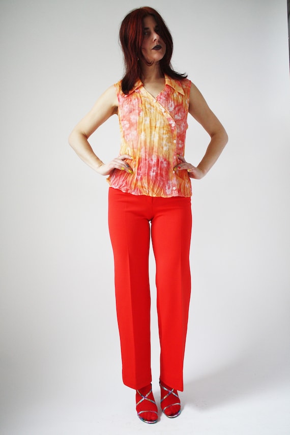 90s Plisse Pink and Orange Sleeveless shirt with … - image 1