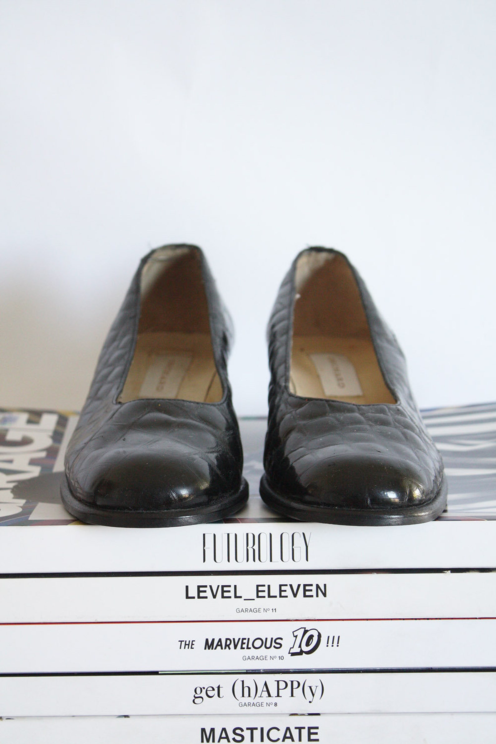 80s black patent leather ballet pumps rounded toe croc print sleek chic city girl