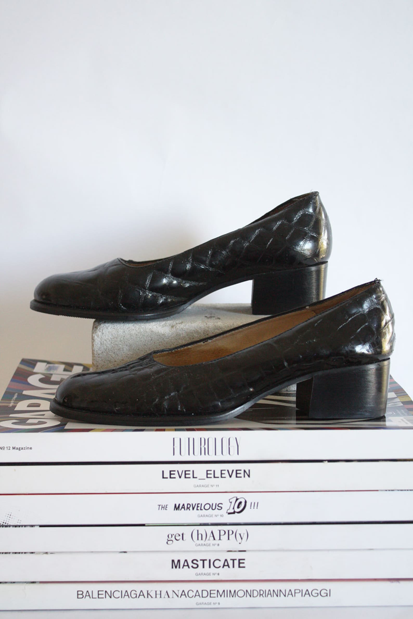 80s black patent leather ballet pumps rounded toe croc print sleek chic city girl