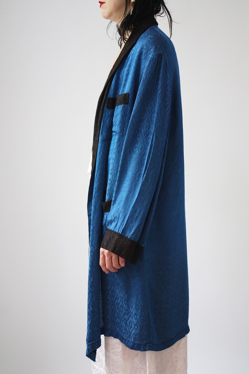 70s Satin Smoking Jacket Vintage Damask Robe Black and Blue Satin Lux Robe Evening Wear Classy Timeless