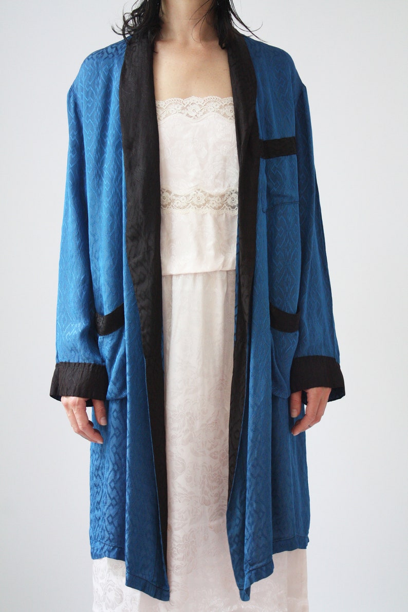 70s Satin Smoking Jacket Vintage Damask Robe Black and Blue Satin Lux Robe Evening Wear Classy Timeless
