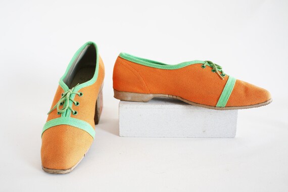 50s Orange and Green Canvas Running Shoes Easy Su… - image 1