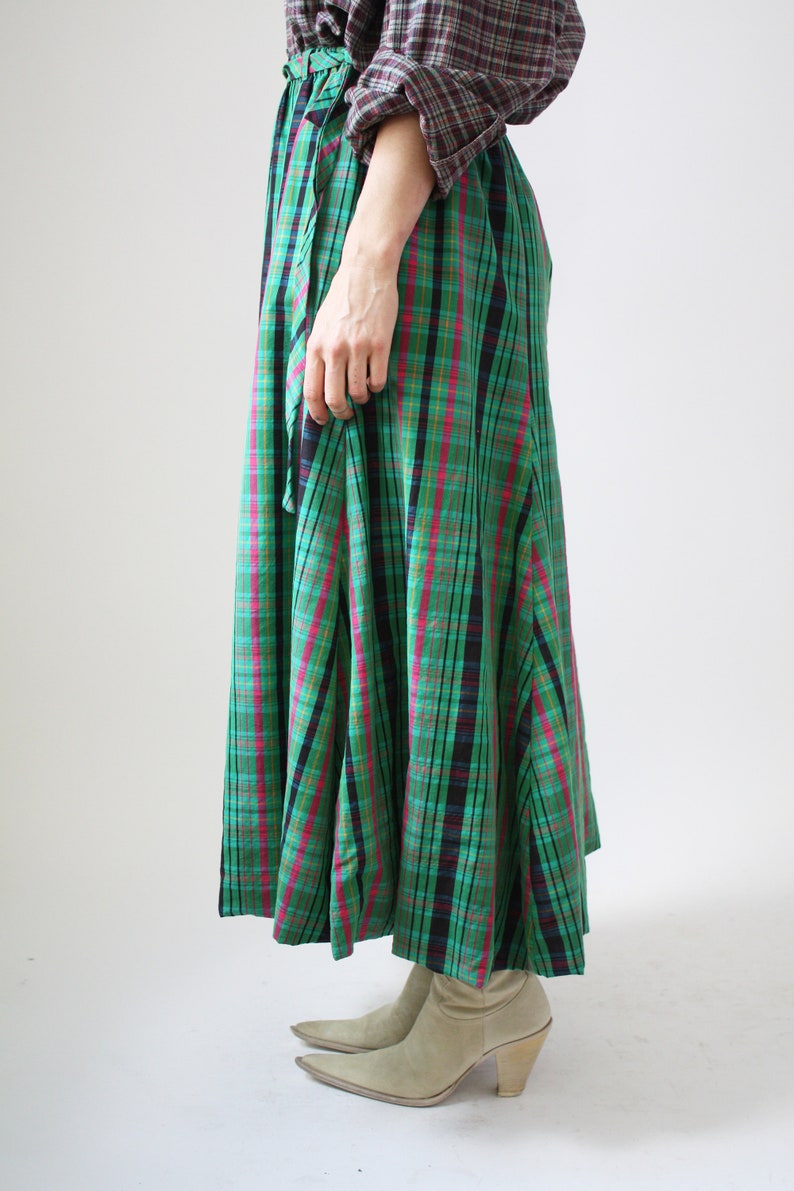 90s Green Plaid Bubble Skirt Cotton Vintage VTG summer Vibrant Pattern