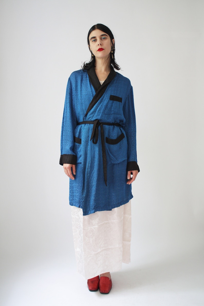 70s Satin Smoking Jacket Vintage Damask Robe Black and Blue Satin Lux Robe Evening Wear Classy Timeless