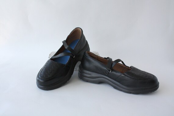 Chunky Black Leather Shoes with Strap and Stitching Detail.