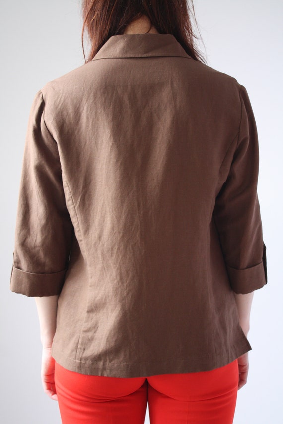 90s Brown Linen Blouse with SIngle Patch Pocket a… - image 5