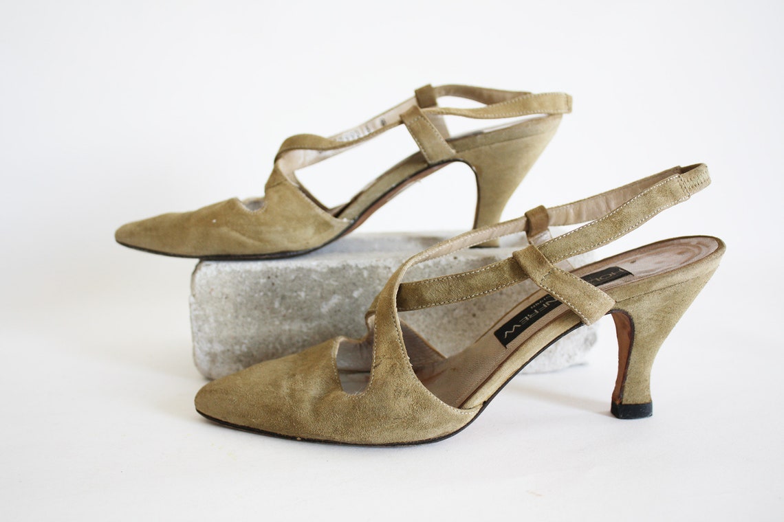 80s Beige Suede Strappy Shoes Pointed Toe Heeled Sassy Cutesie - Etsy