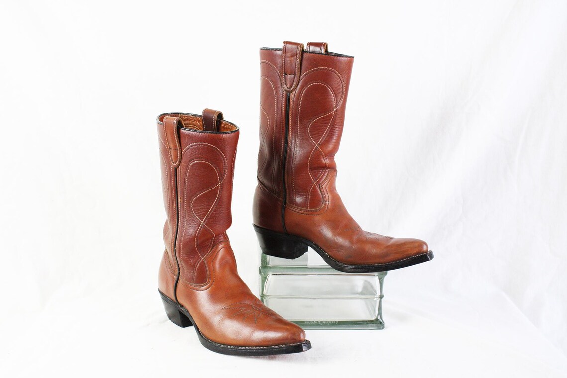 Vintage Mens Brown Leather Cowboy Boots Two Tonal Stitching, foto 1 di 5