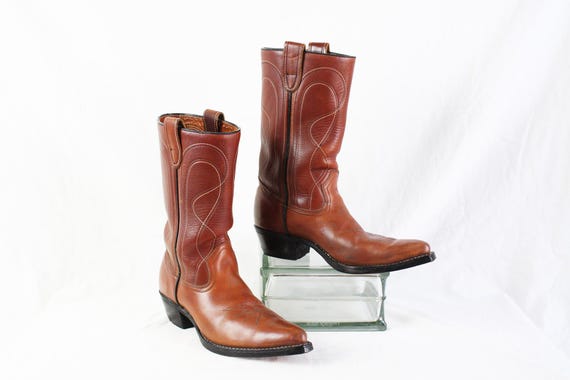 Vintage Mens Brown Leather Cowboy Boots Two Tonal Stitching