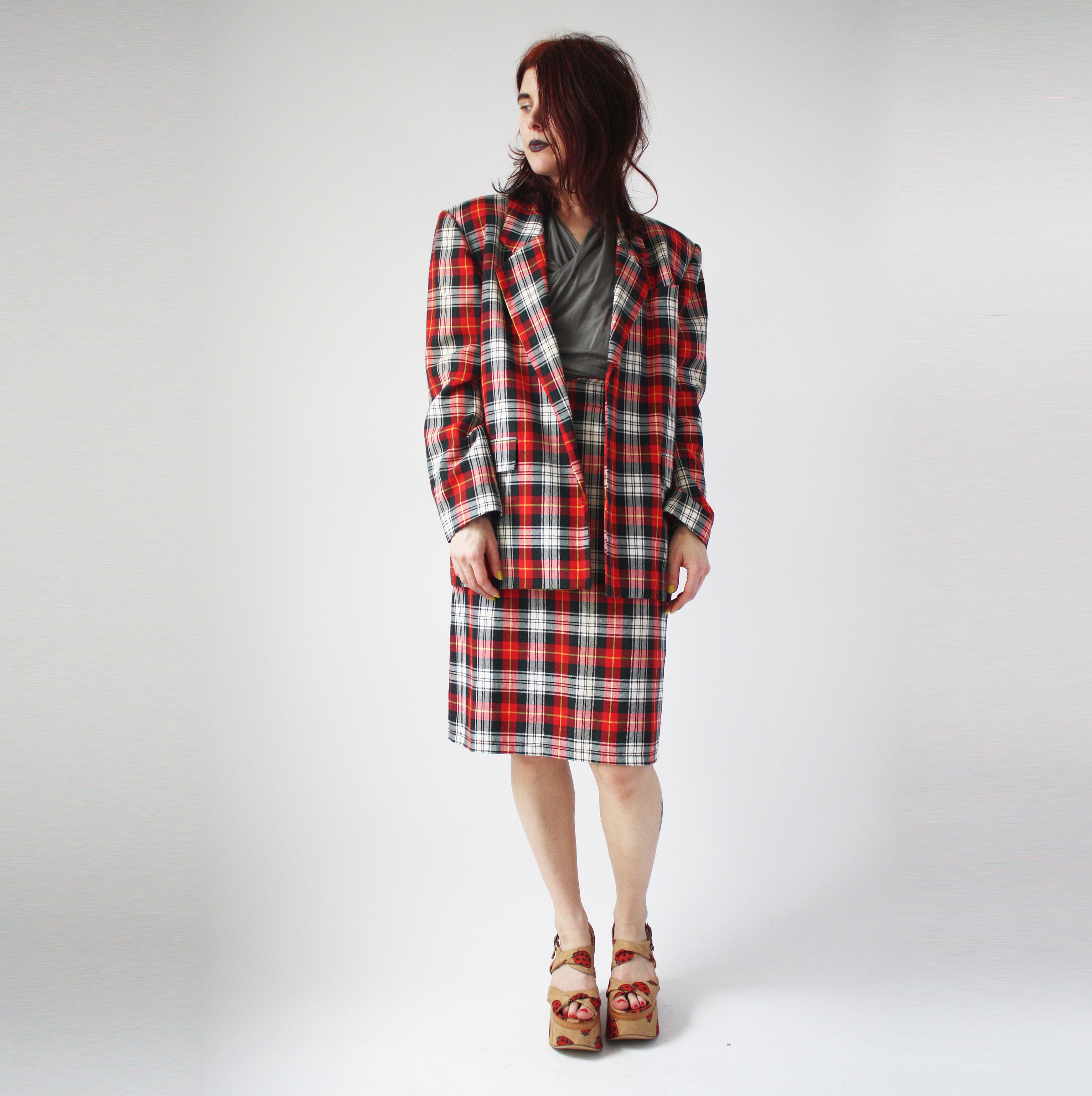 yellow plaid skirt and blazer green