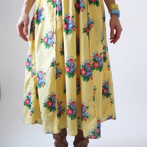 80s Yellow Floral Dirndl Skirt 100% Cotton Summer Boho Romantic Vintage Bottom Full SKirt with Pockets VTG image 2