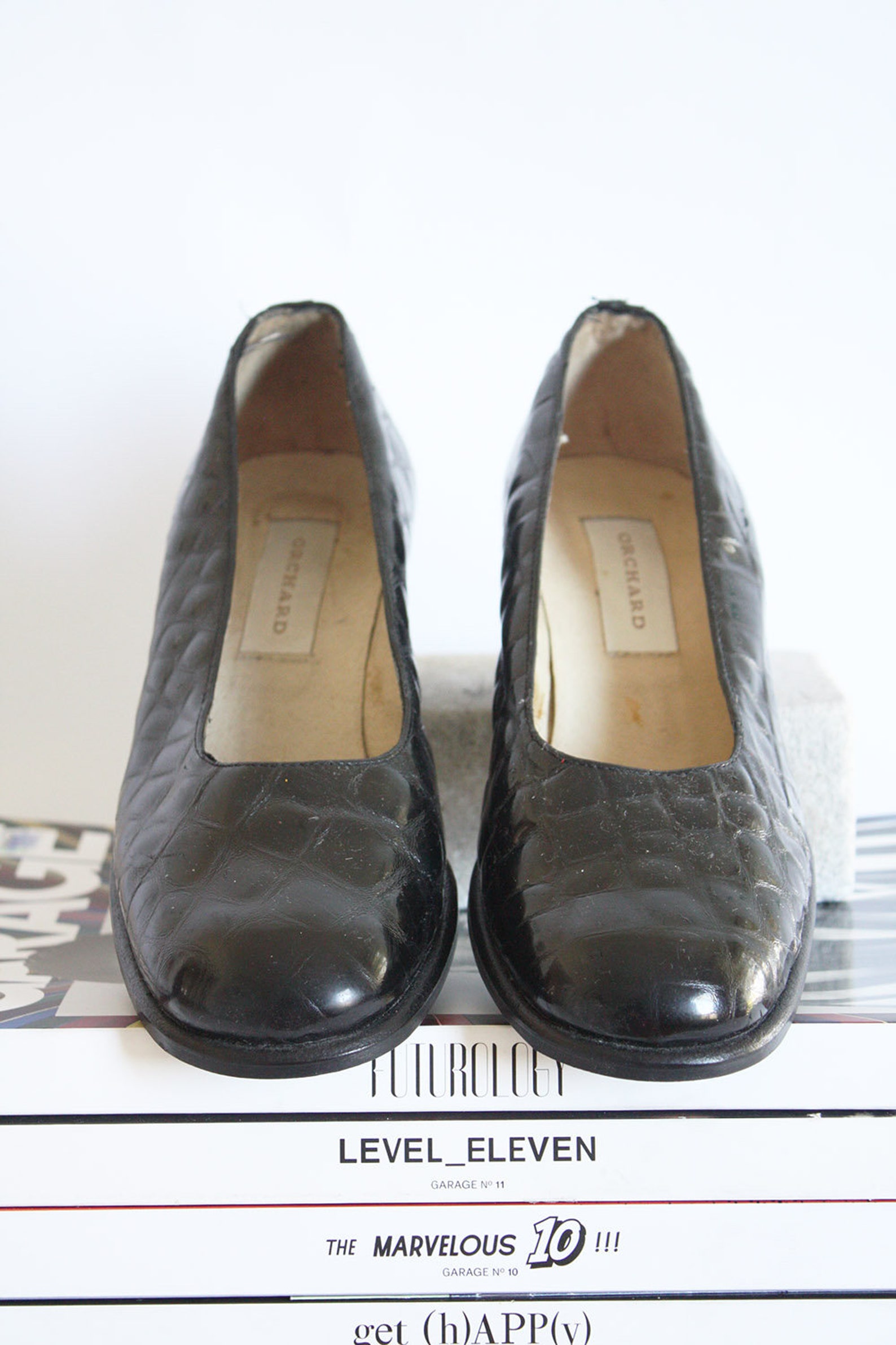 80s black patent leather ballet pumps rounded toe croc print sleek chic city girl