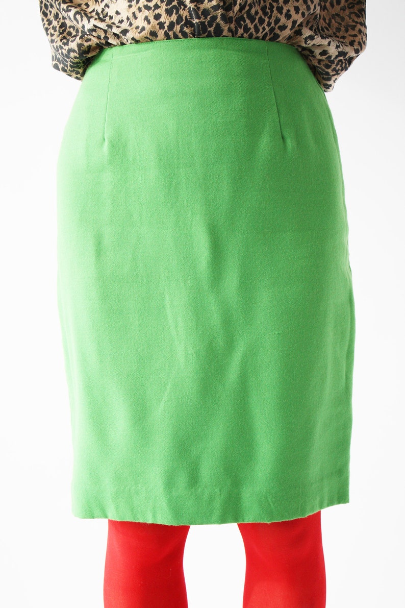 Jupe crayon en laine verte des années 80 Longueur des genoux Taille haute vintage VTG image 3