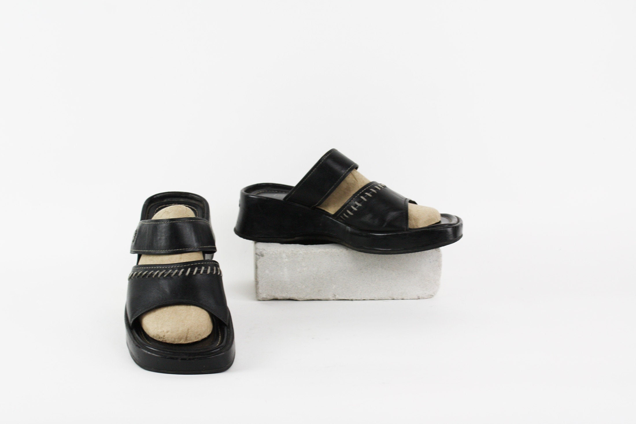 Black Stretch Chunky Platform Wedge Heel Sliders