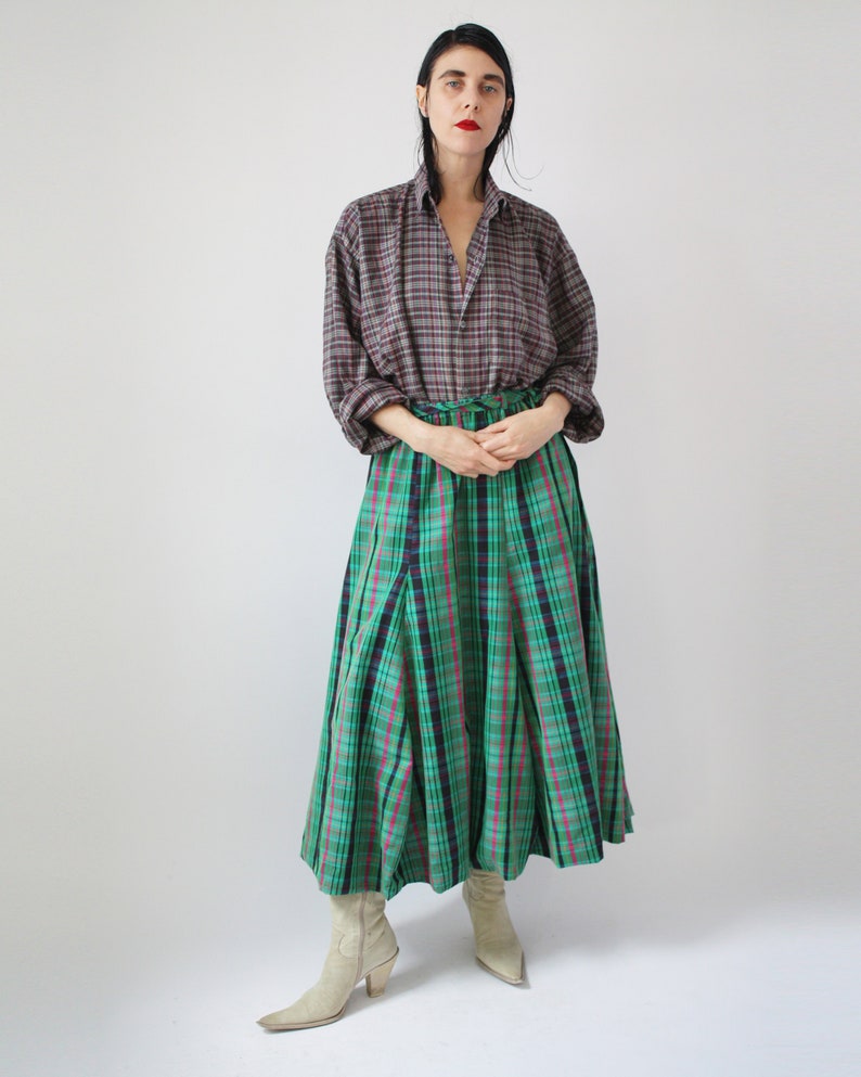 90s Green Plaid Bubble Skirt Cotton Vintage VTG summer Vibrant Pattern