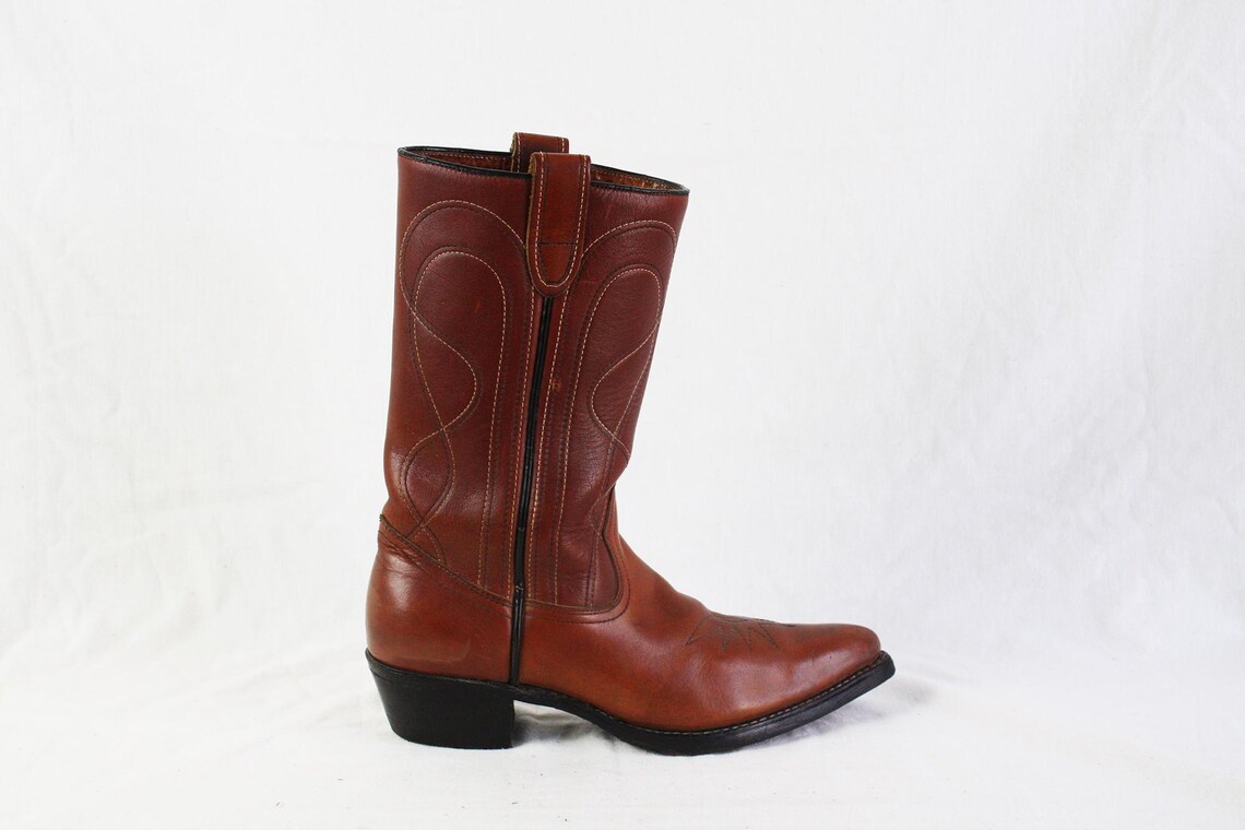 Vintage Mens Brown Leather Cowboy Boots Two Tonal Stitching, foto 4 di 5