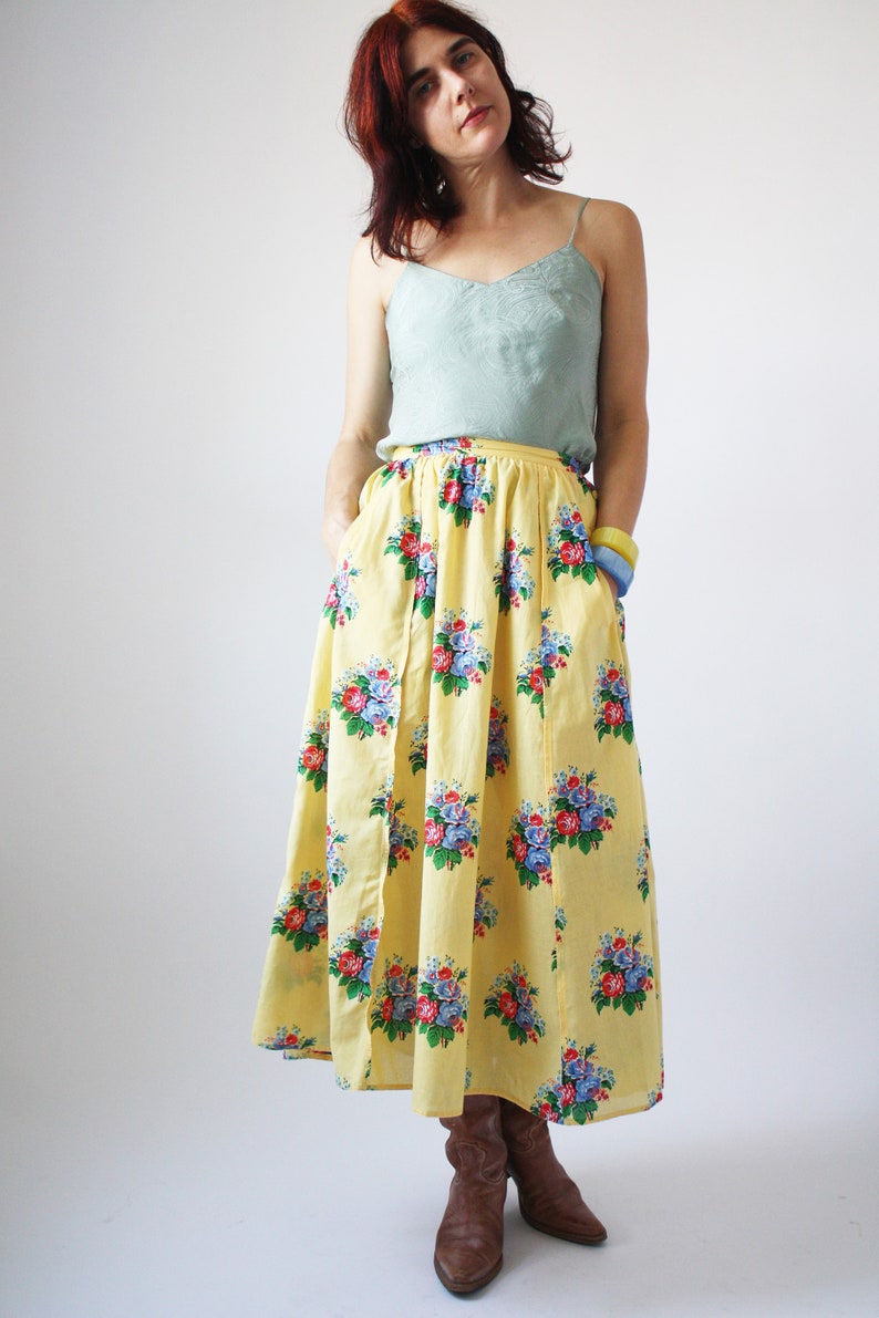 80s Yellow Floral Dirndl Skirt 100% Cotton Summer Boho Romantic Vintage Bottom Full SKirt with Pockets VTG image 5