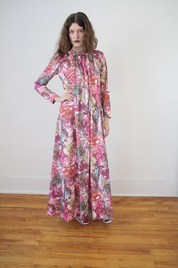 70s FLoral full length dress long sleeve high rou… - image 1